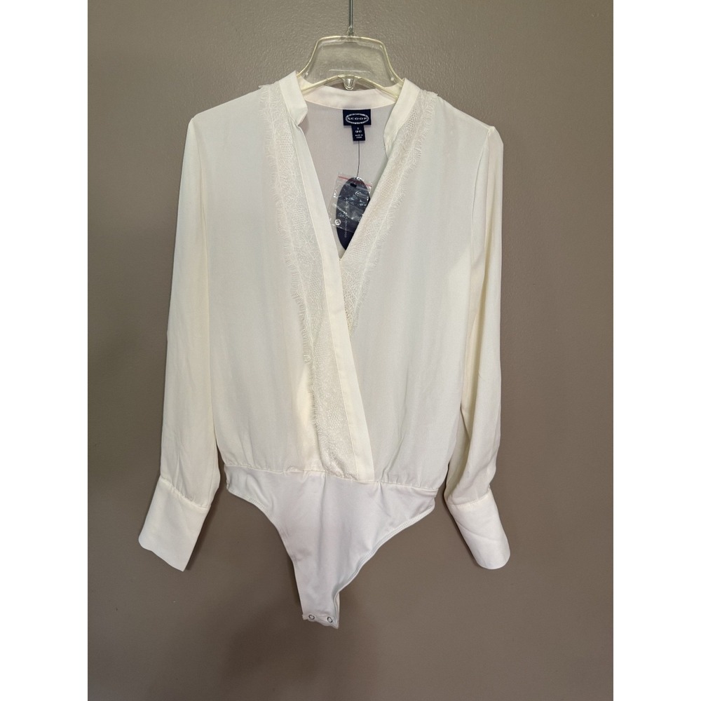 Scoop Women Ivory Lace V-Neck Long Sleeve Bodysuit Blouse Small 4-6 NEW
